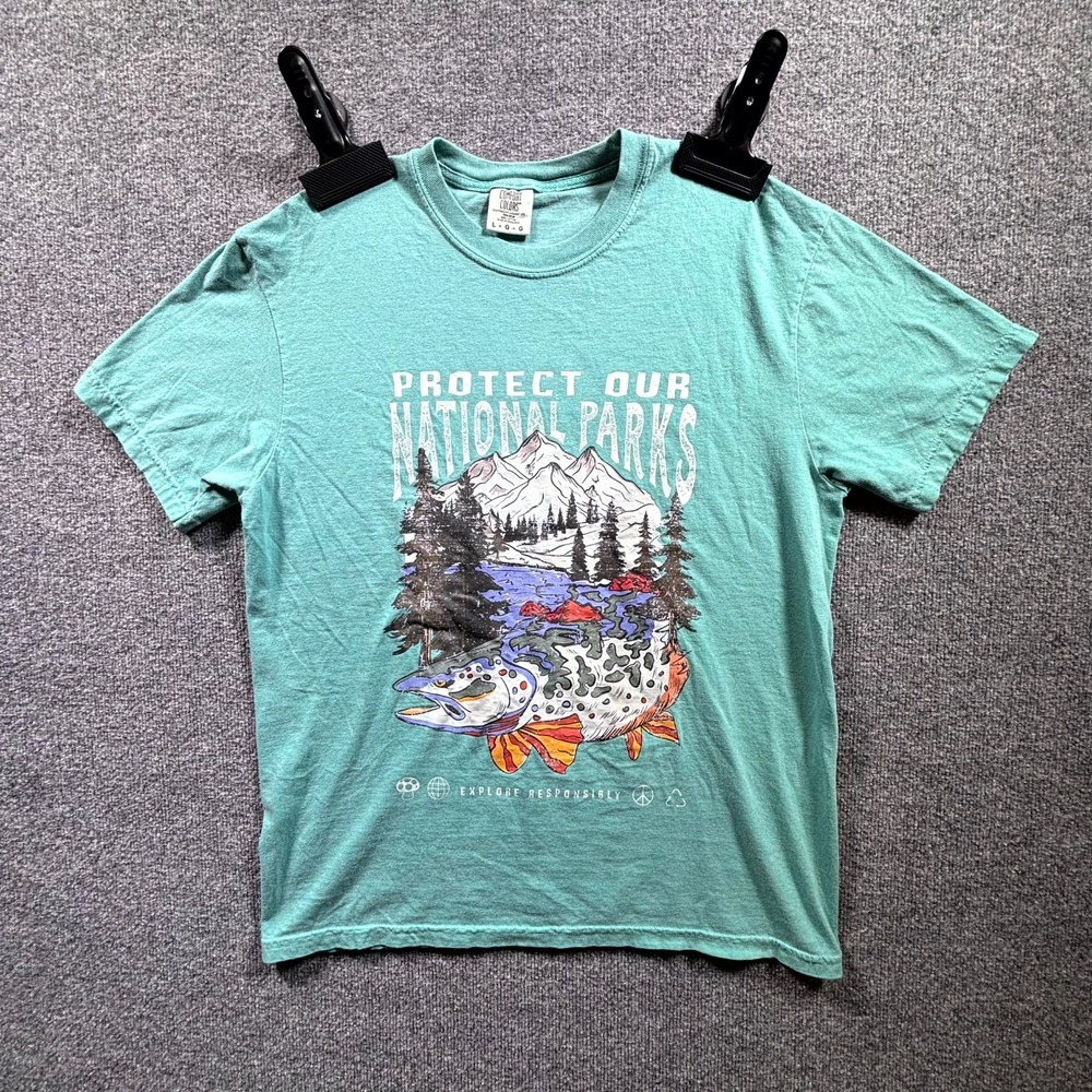 Comfort Colors T-Shirt Men's Large Seafoam Blue National Parks Fishing Graphic